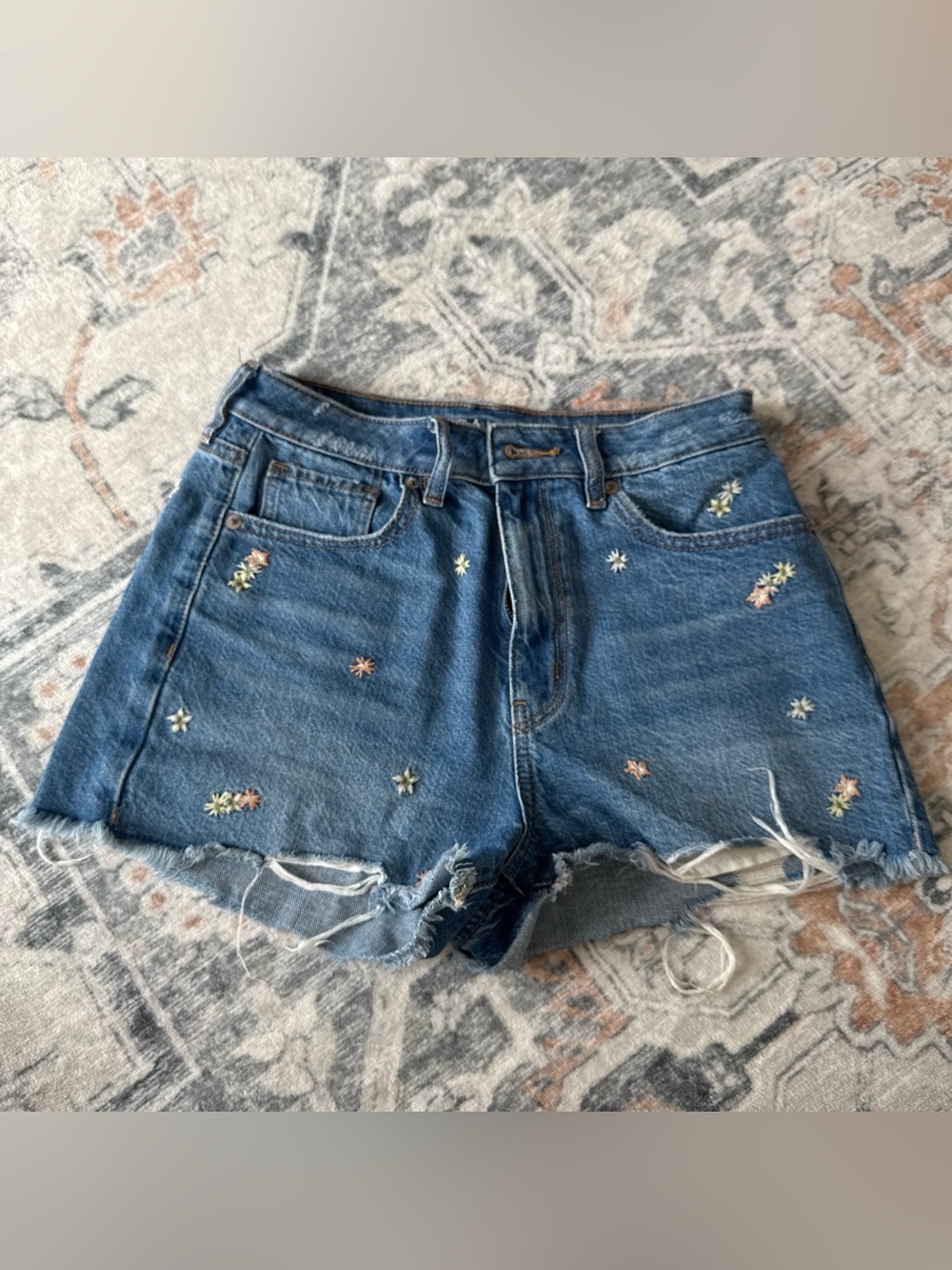 American Eagle Outfitters Blue Embroidered Denim Cutoff Shorts